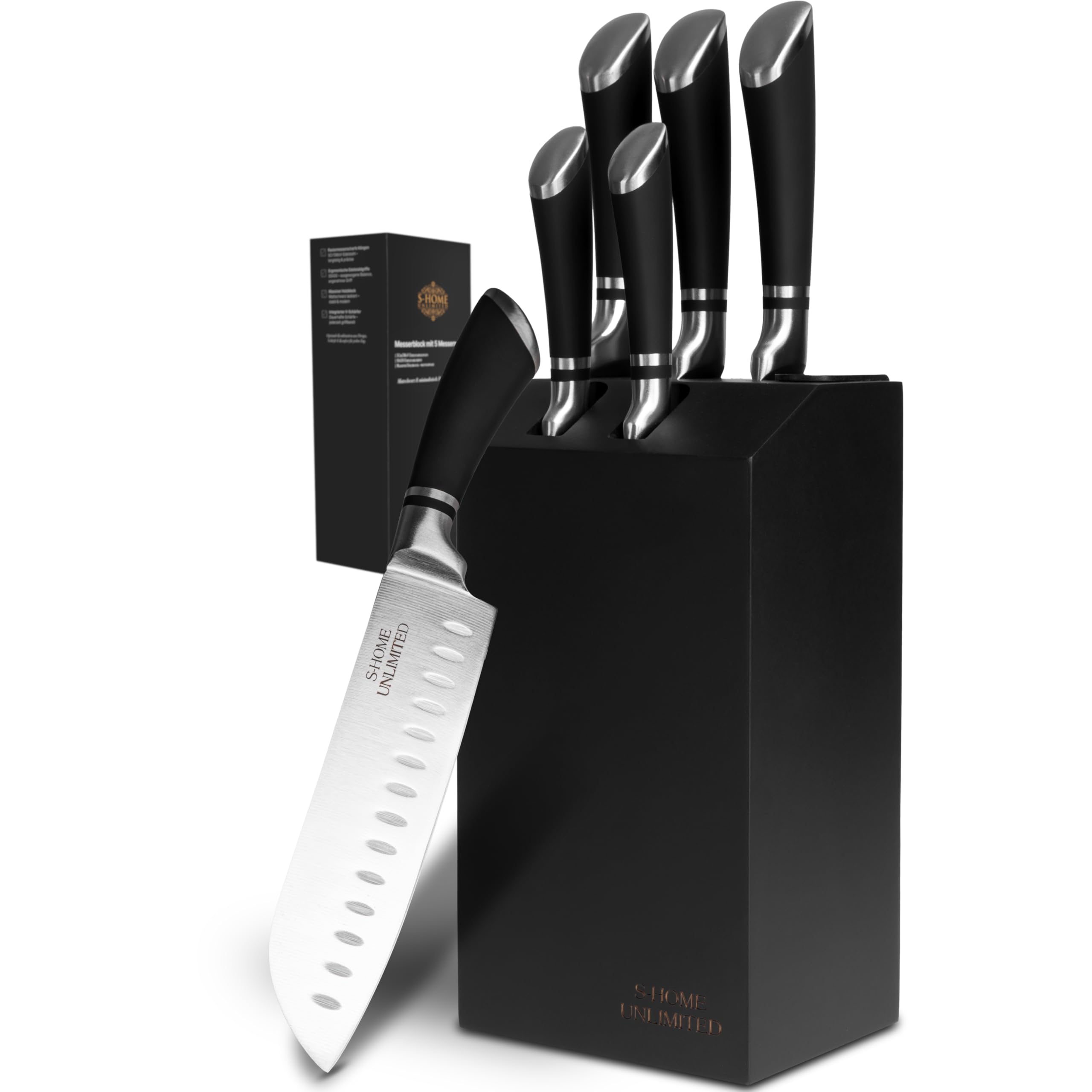Messerblock mit Messern | 6-teiliges Set inkl. Schärfer | Ergonomische Edelstahlgriffe | Edler Holzblock in Schwarz | Extrem scharf & langlebig