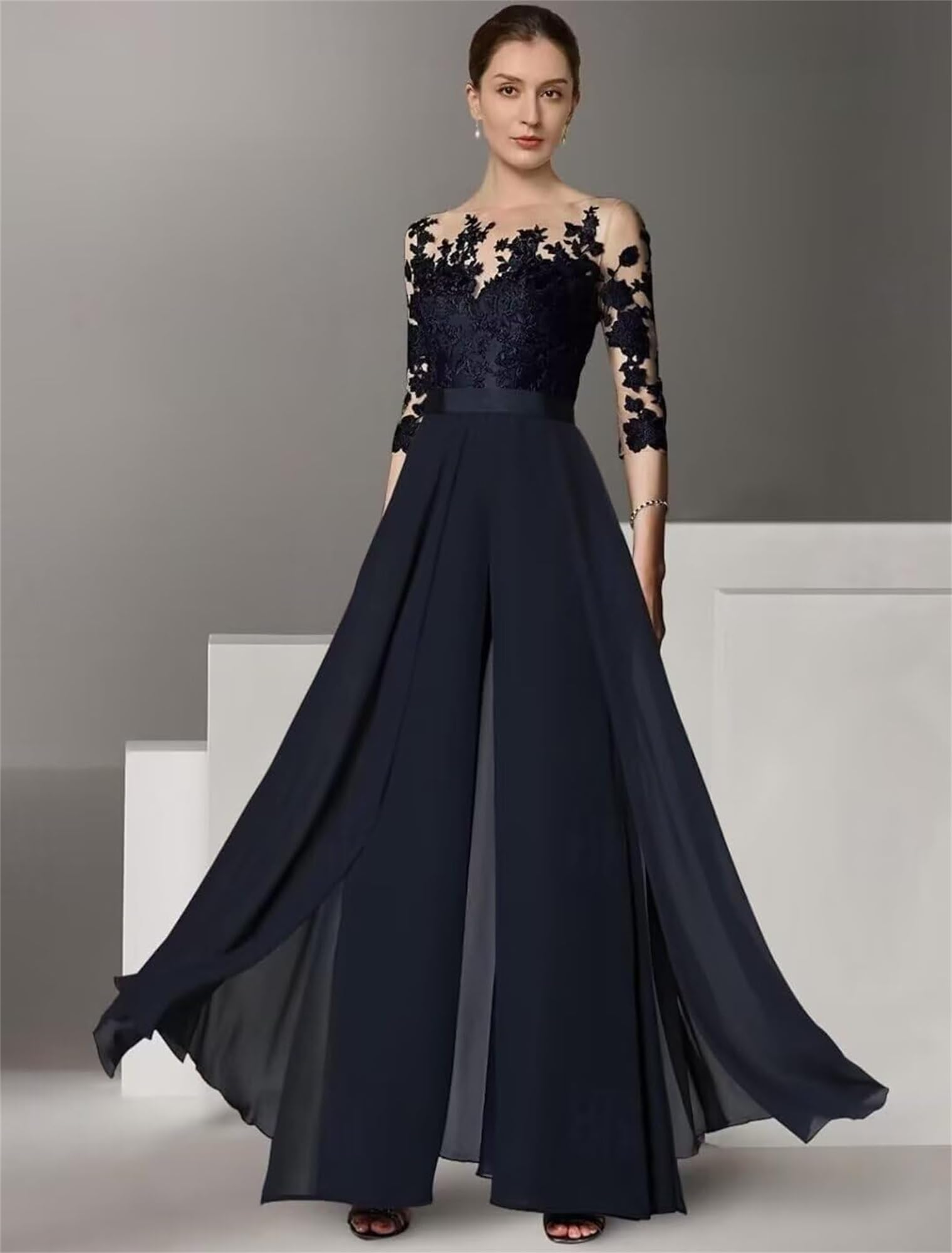 2 Stück Chiffon Hosenanzug Damen Festlich Elegant - Spitze Hochzeit Jumpsuits 3/4 Ärmel Mutter der Braut Hosenanzüge