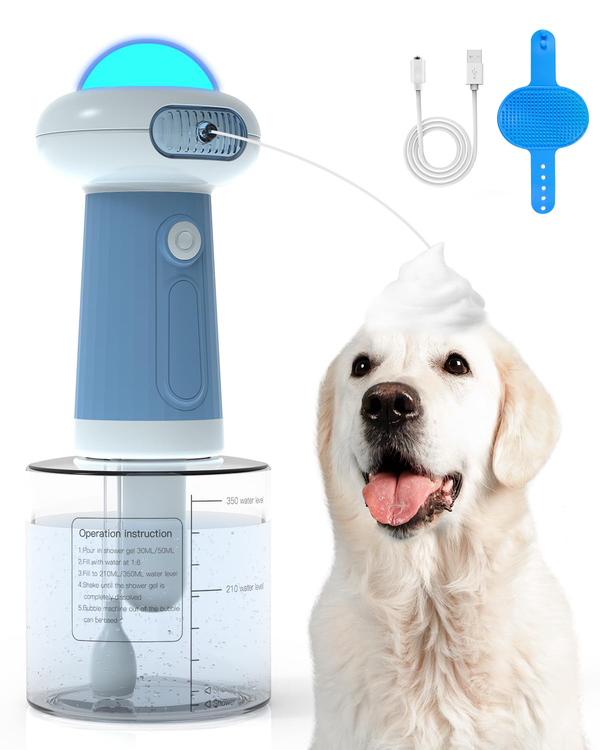 Pulverizador de champú eléctrico para baño de perros y gatos, pulverizador de baño automático con cepillo, dispensador para perros y gatos (azul)