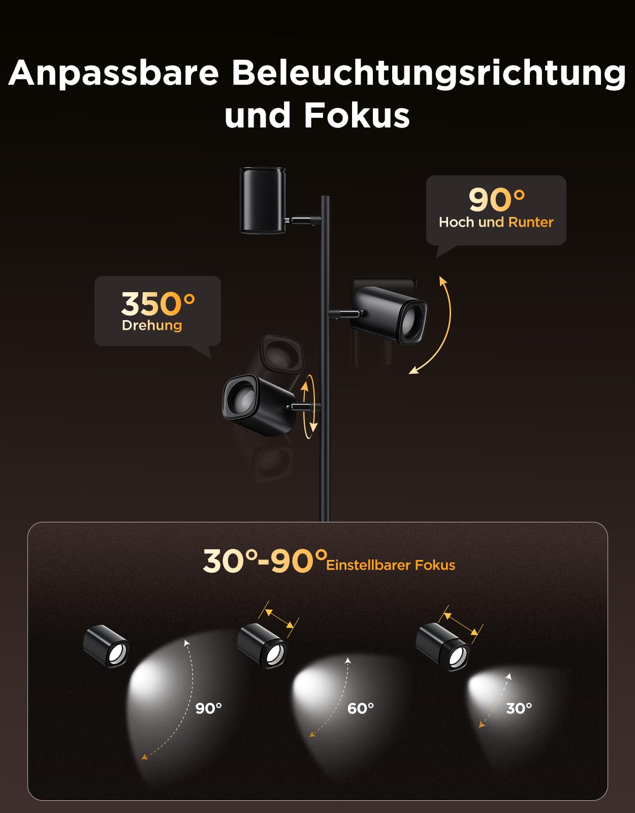 Govee 3-Flammen LED Stehlampe, RGBWW Fokus-Verstellbar, 1500lm, Matter Alexa Kompatibel, 64+ Szenen, Musik Sync, 157cm, Schwarz