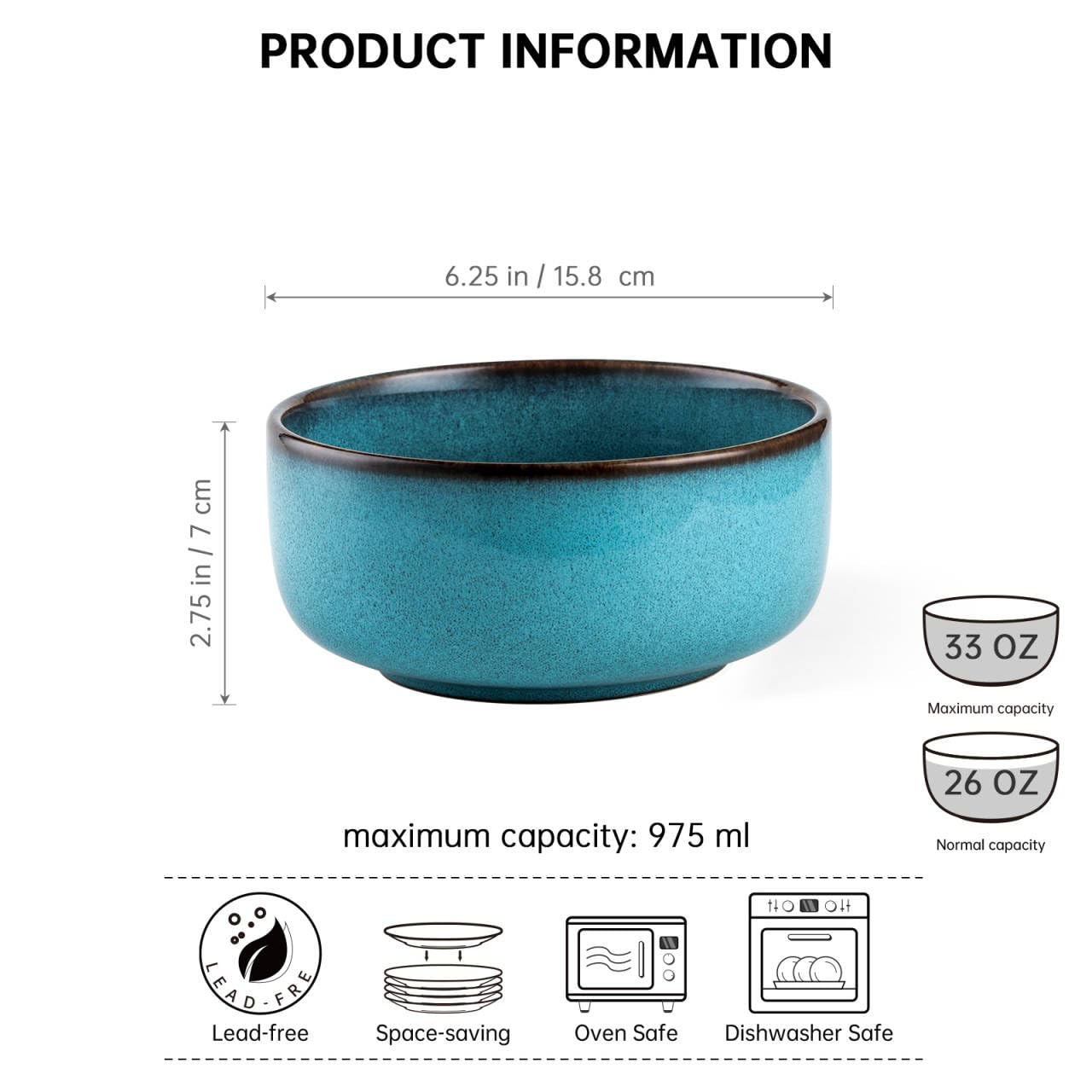 Henten Home - Cuencos para cereales de cerámica para sopa, ensalada, pasta, ramen, fideos, cuenco de ensalada para lavavajillas y microondas, color azul
