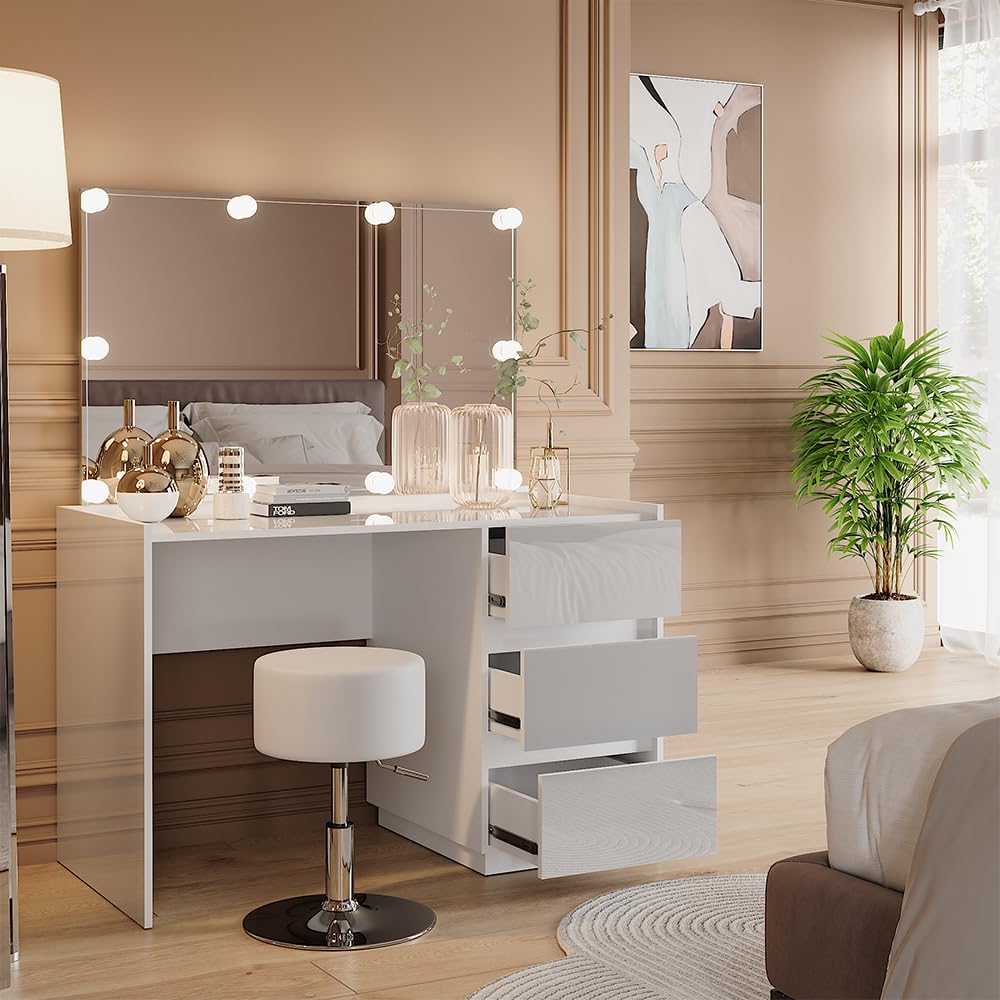 Vicco Schminktisch Marla, Weiß Hochglanz, 120 cm | mit Spiegel, Hocker, LED-Lichterkette, Große Tischfläche für Make-up, Schmuck und Styling-Utensilien