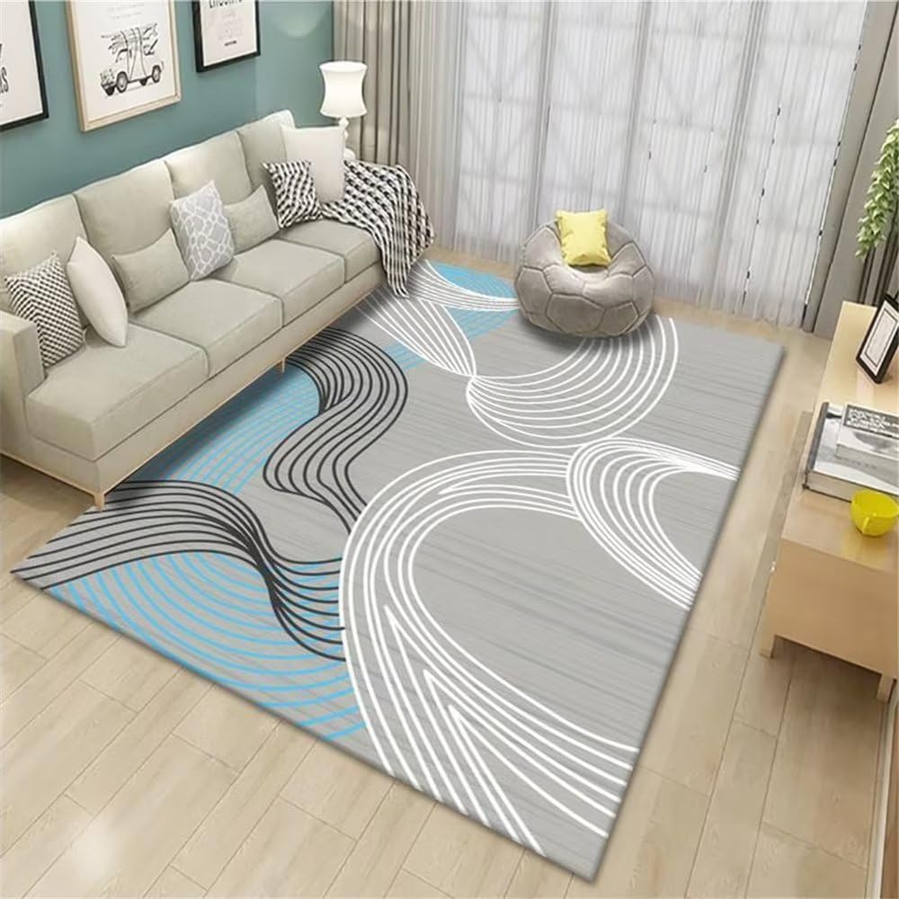Tapis salon bleu 80X160cm antidérapant avec rayures pour plancher