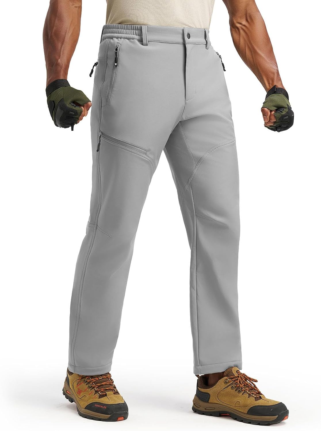 YSENTO Men's Insulated Snow Ski Pants Waterproof Winter Fleece Lined Softshell Hiking Cargo Pants Zipper Pockets Light Grey 34 - Image 2