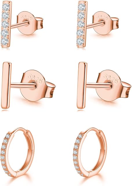 925 Sterling Silver Bar Earrings|Hoop Earrings,Bar Studs & Small Hoop Earrings with AAA+ Cubic Zirconia, 3 Pairs Hypoallergenic Earrings for Women Men Girls(7.5/7.5/ 8mm)