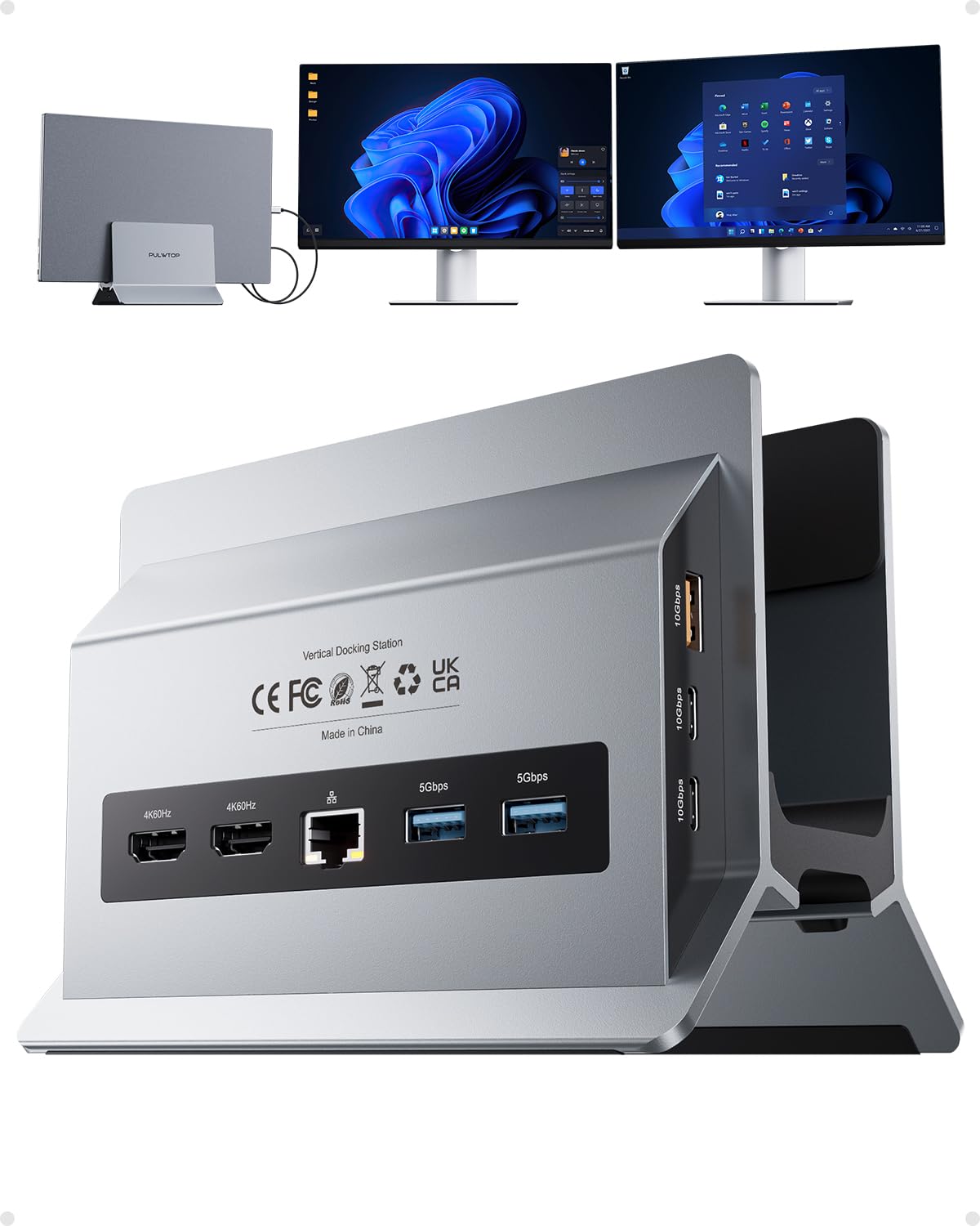 11-in-1 USB C Docking Station Doppio Monitor, Supporto Verticale per Laptop con 2xHDMI 4K 60Hz, 3xUSB A/C 10 Gbps, 2xUSB A 5 Gbps, USB A 2.0, Ethernet, PD3.0【Solo per laptop Windows】