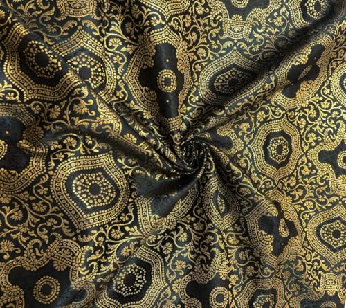 Tissu brocart de soie vert foncé à motif de vignes dorées BRO1141