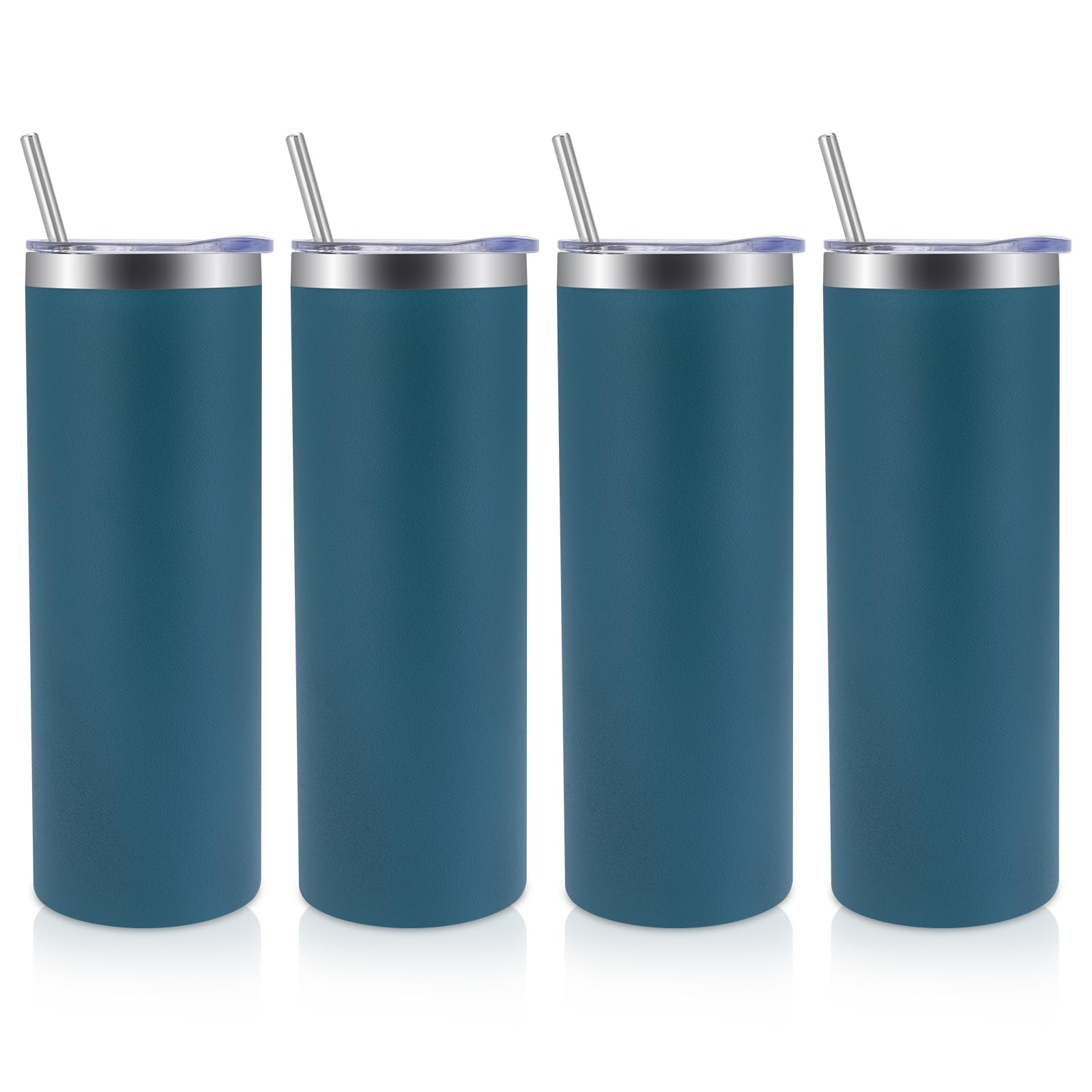 Volhoply 4 Pack Skinny Tumblers with Lid and Straw, 600ml (20oz) Stainless Steel Straight Tumbler Bulk, Vacuum Insulated Coffee Mug for Home, Office, Travel, DIY (Dark Green,4 Pack)