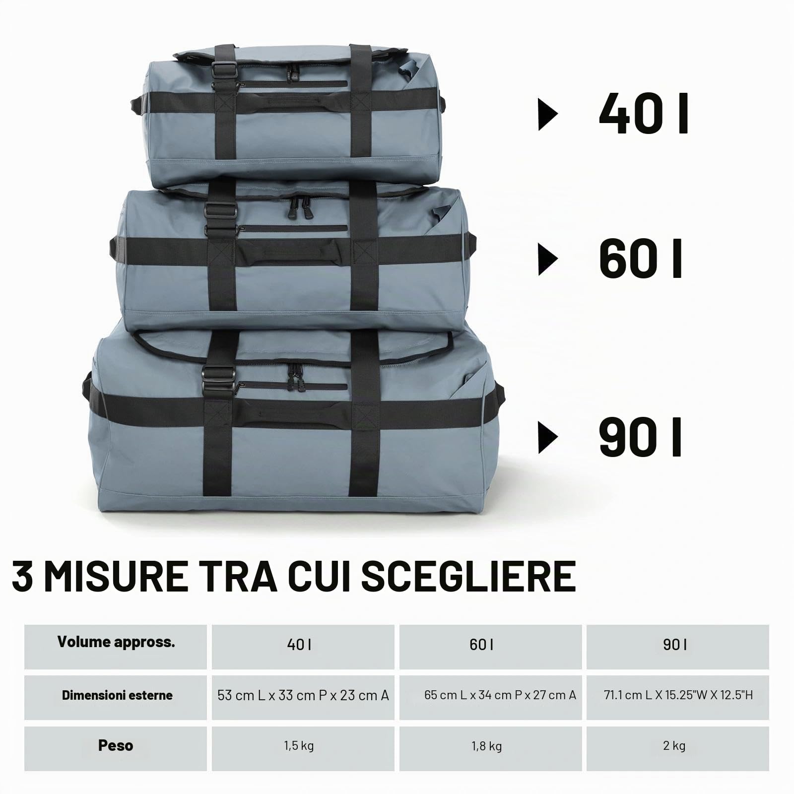 MIER Borsa sportiva impermeabile, resistente e convertibile, con cinghie e scomparto per scarpe, per palestra e sport, viaggi, 90 L, grigio