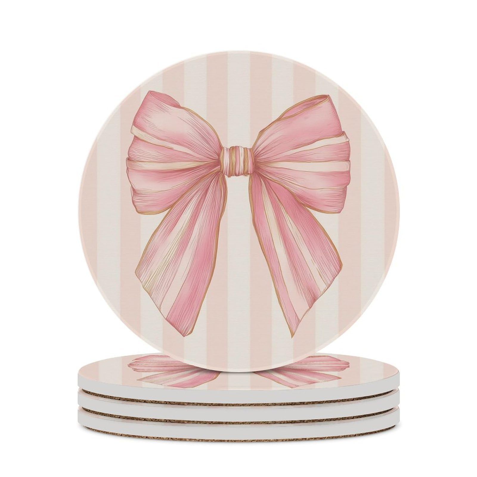 Preppy Coquette Pink Bow on Vertical Stripes Coasters Set of 4 Absorbent Coasters