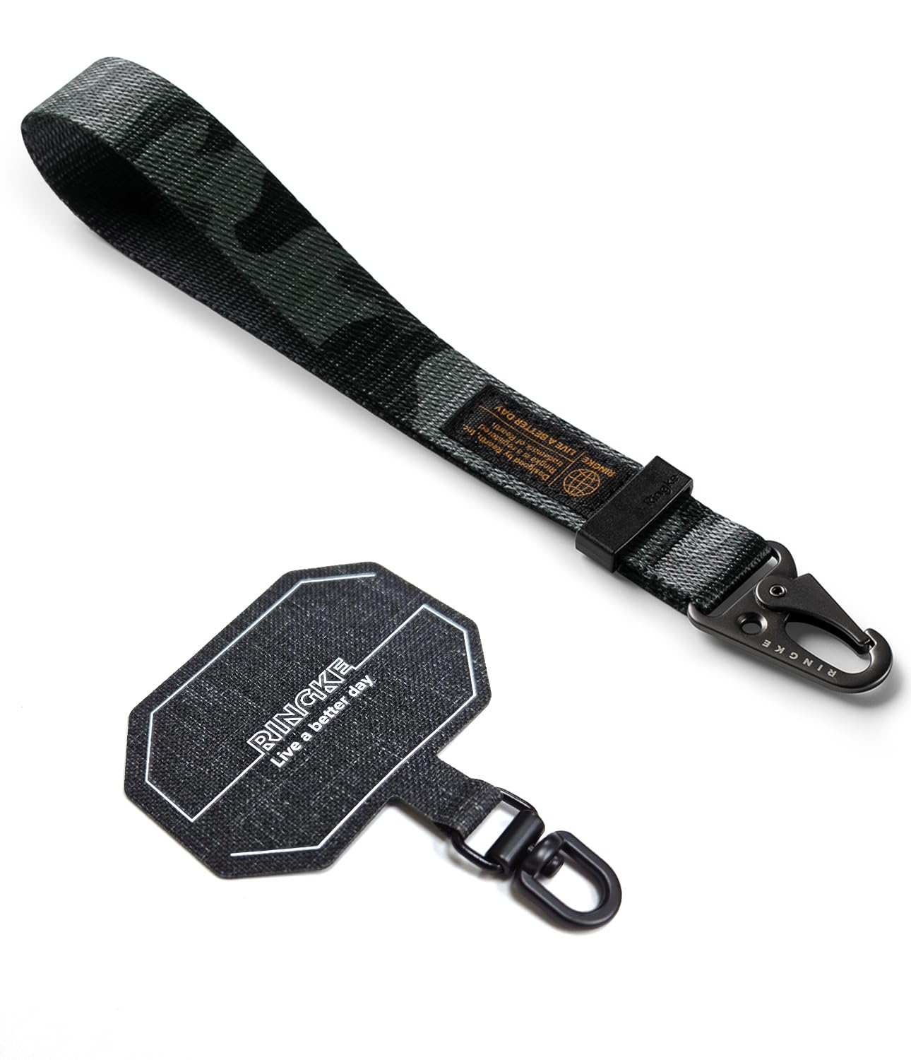Ringke Tactical Webbing Hand Strap with Patch [Heavy Duty Tactical Carabiner] Durable Anti-Tear Multi-Purpose Phone Wrist Strap for Travel, Hiking, etc. - Camo Black