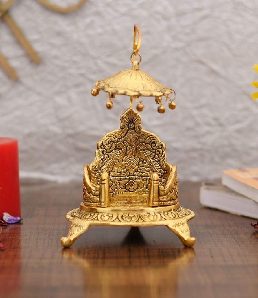 Decorative Brass Sinhasan Throne with Umbrella, Traditional Indian Temple Design, Gold Finish