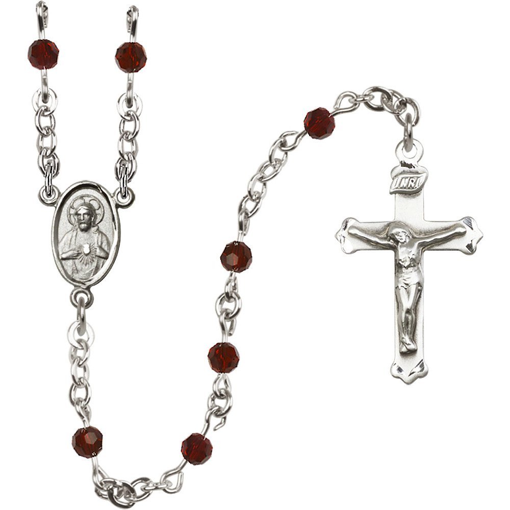 Sterling Silver Rosary 4mm January Red Swarovski Beads Crucifix sz 1 1/8 x 5/8. Scapular Medal Charm