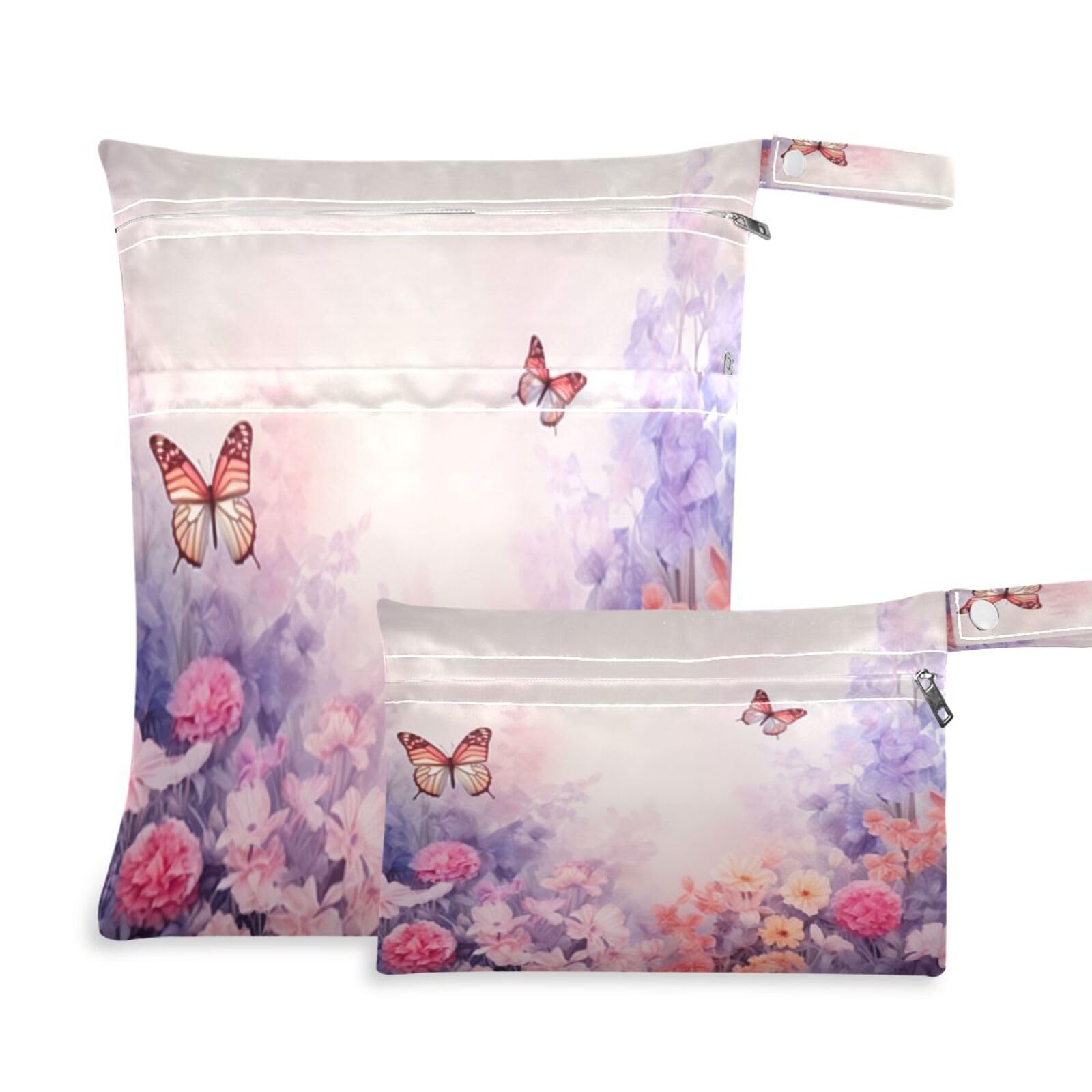 ATTX Pink Butterflies Wet Dry Bags 2-Pack - Reusable Cloth Diaper Storage for Travel, Beach & Gym | Multi-Use Waterproof Bags for Swimsuits, Baby Clothes, Sports Gear#154