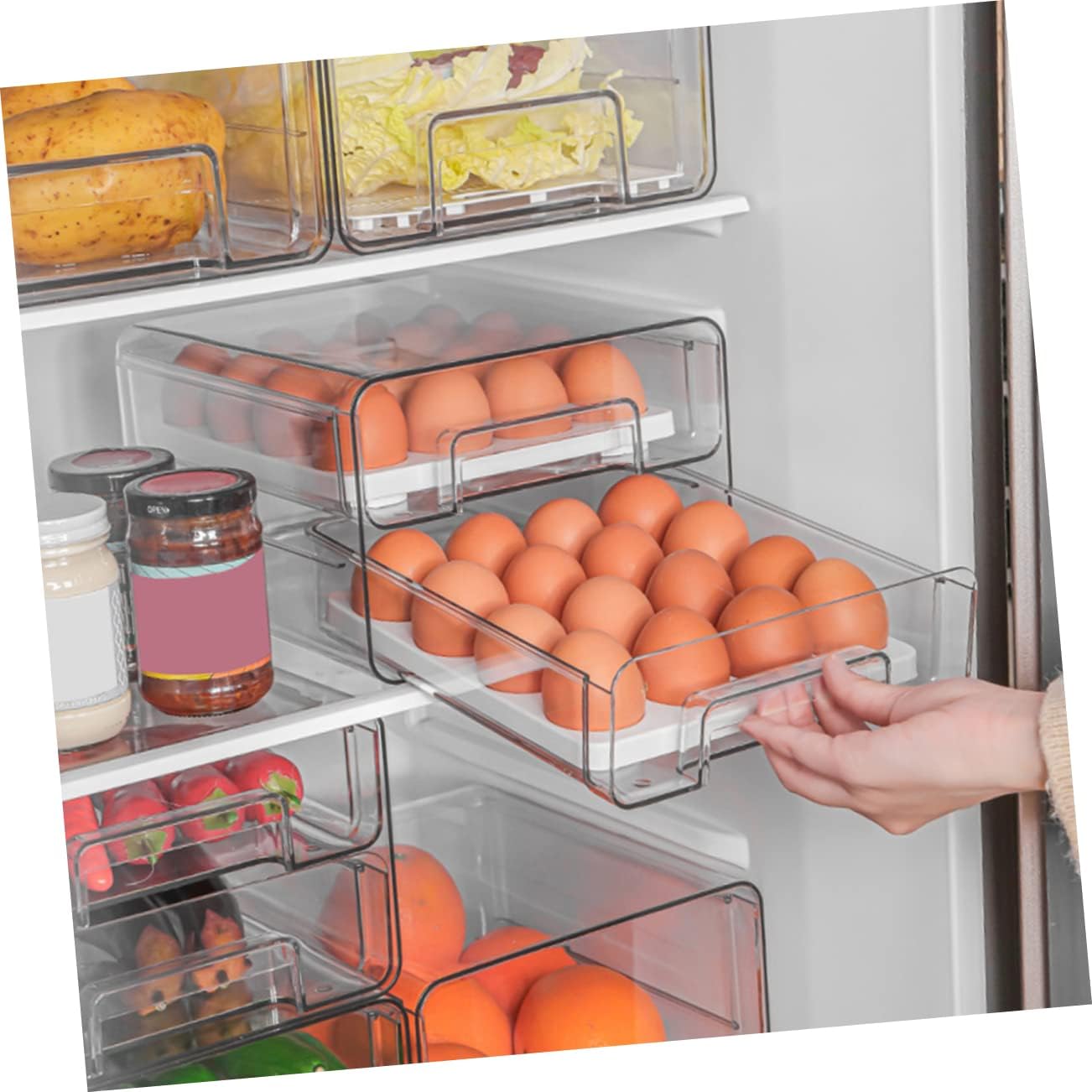 POPETPOP Refrigerator Organizer Bin Double Holder Design Transparent Storage for Fridge Kitchen Pantry and Countertop Prevents Collision Versatile Use for Makeup and Stationery