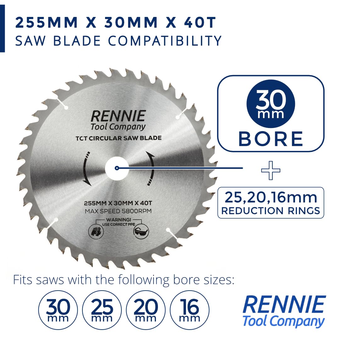 Confezione da 2 lame circolari per legno da 255 mm x 30 mm x 40 T TCT, include anelli di riduzione del foro da 25 mm, 20 mm e 16 mm. Compatibile con sega circolare Bosch Makita DeWalt, ecc. Per seghe