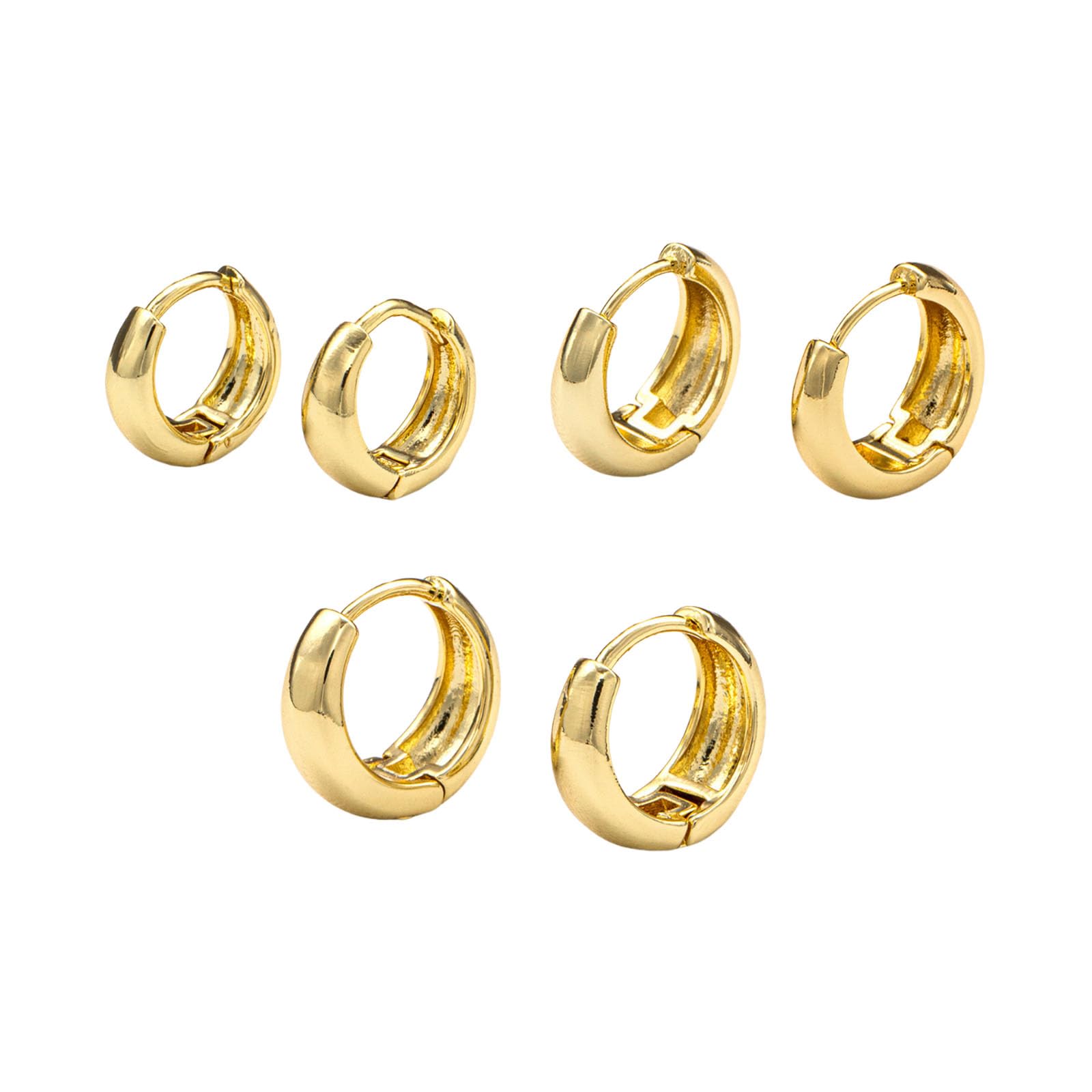 Set 3 Paia Orecchini A Cerchio Rettangolari Oro 14K - Geometrici Huggies Donna, Misure 1.7/1.9/2.2 Cm