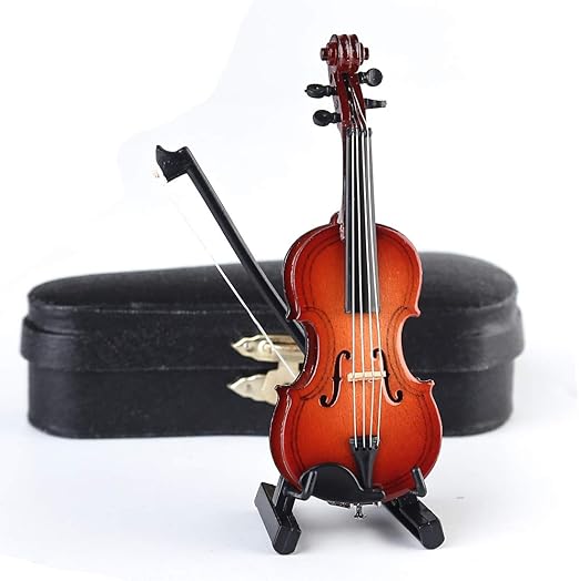 Wooden Miniature Violin with Stand, Bow and Case Mini Violin Musical Instrument Replica Collectible Figurines Collection Decorative Ornament Dollhouse Accessories Model (3.93"x1.56"x0.62")