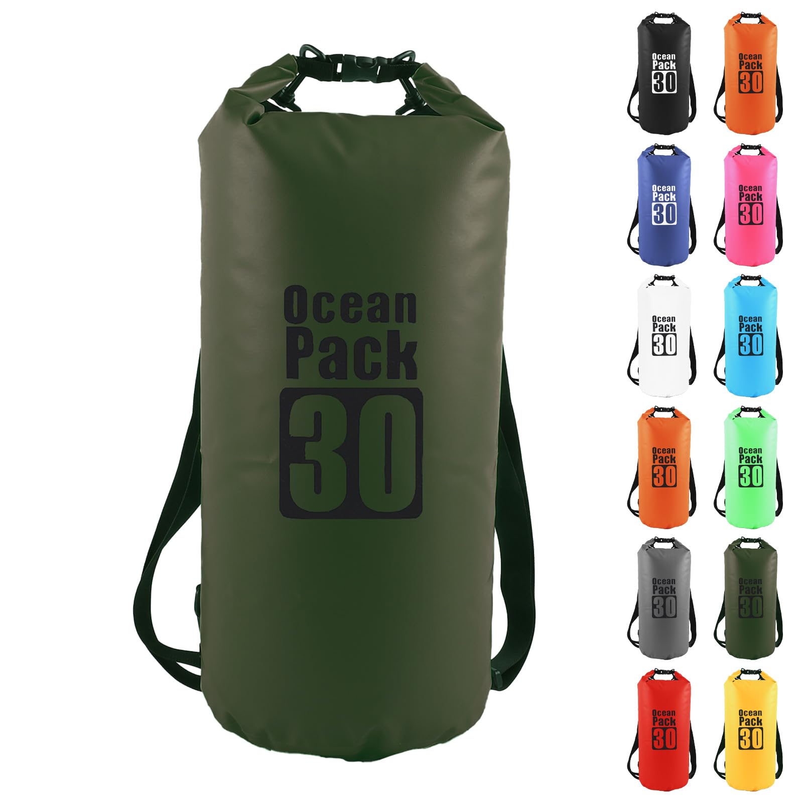 MOMAHUA 30L Waterproof Dry Bag Backpack with Double Shoulder Straps - Sage Green Durable PVC Roll Top Dry Sack - Heavy Duty Reusable Rucksack for Kayaking, Boating, Beach & Travel
