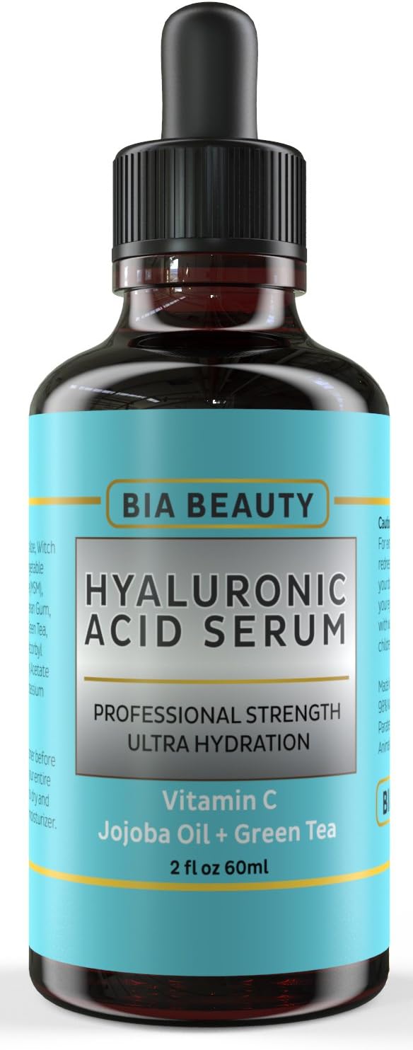 Bia Beauty 2 Oz Hyaluronic Acid Serum w/ Vitamin C & E Jojoba Oil Green Tea | Best Liquid Moisturizer Anti-Wrinkle Reducer