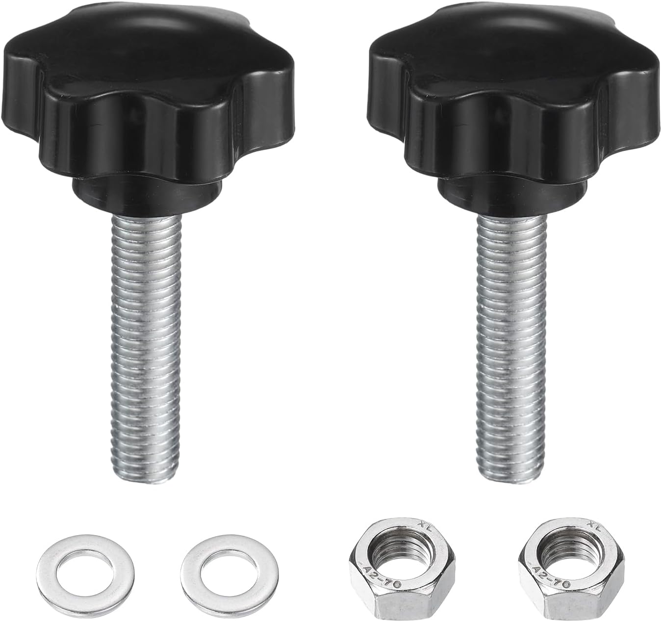 uxcell 2pcs Star Clamping Knobs with Nuts Washers, M12 x 50mm Metric Zinc Plated Carbon Steel Male Thread 48mm 6-Star Plastic Head, Threaded Stud Hand Knobs Handles Thumb Screws, Black