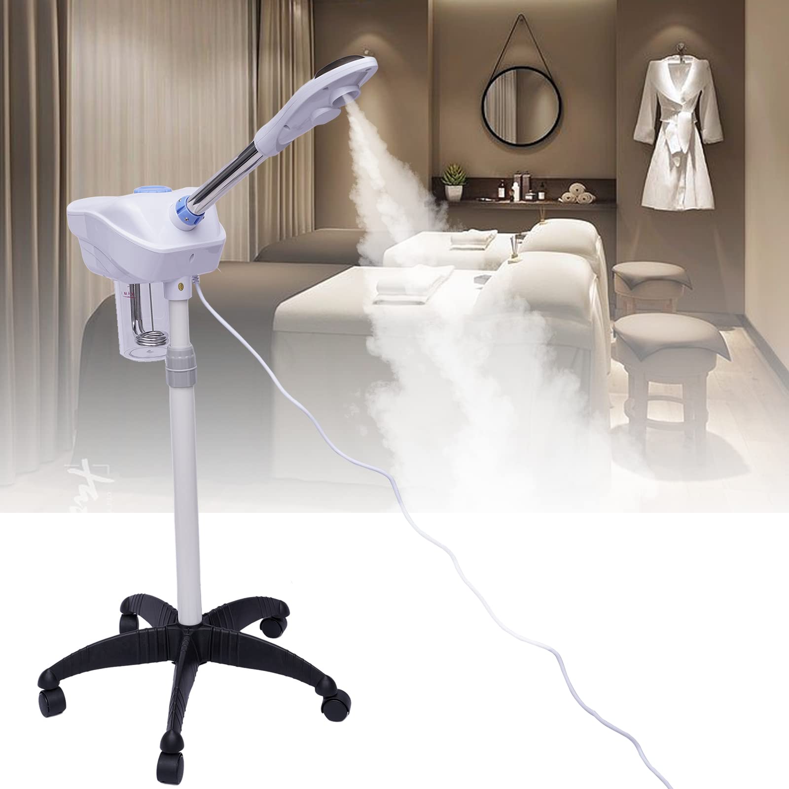 Gesichtsdampfer, 750W Ozon Ionischer Digital Vapozon Bedampfer Gesichtsdampfer Höhe Einstellbar mit Verstellbar Düse und Universelle Räder Für Haushalte, Schönheitssalons, Spas, etc (Weiß)