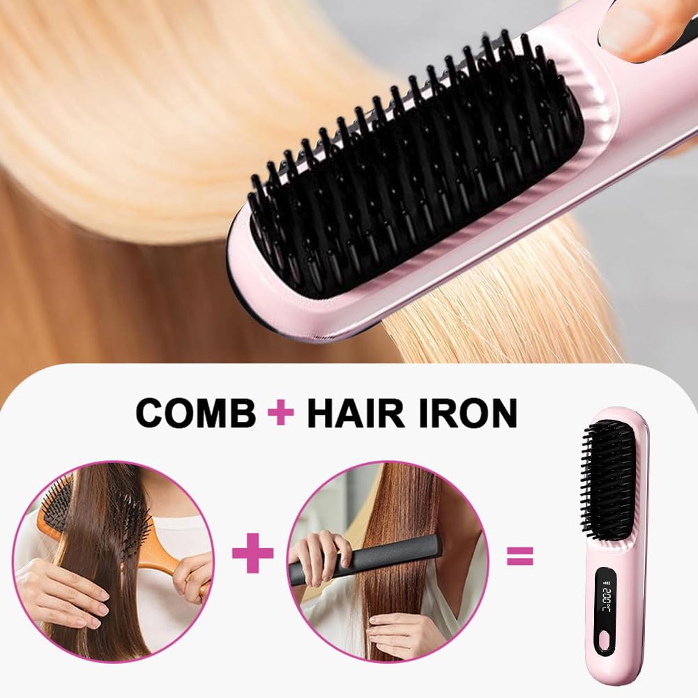 Brosse à Cheveux électrique, Brosse lissante sans fil, Rechargeable Brosse Chauffante pour Femmes et Hommes sans fil avec affichage LED - 3 Niveaux de Température - Pour lisser et Boucler (Rose)