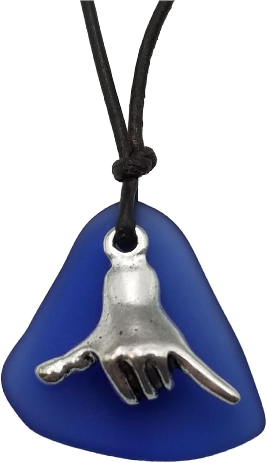 Handmade Hawaii Culture Shaka - carefree attitude Sign Sea Glass Necklace, Leather Cord Unisex Gift, Cobalt Blue Necklace, Gift for Him or Her, September Birthstone
