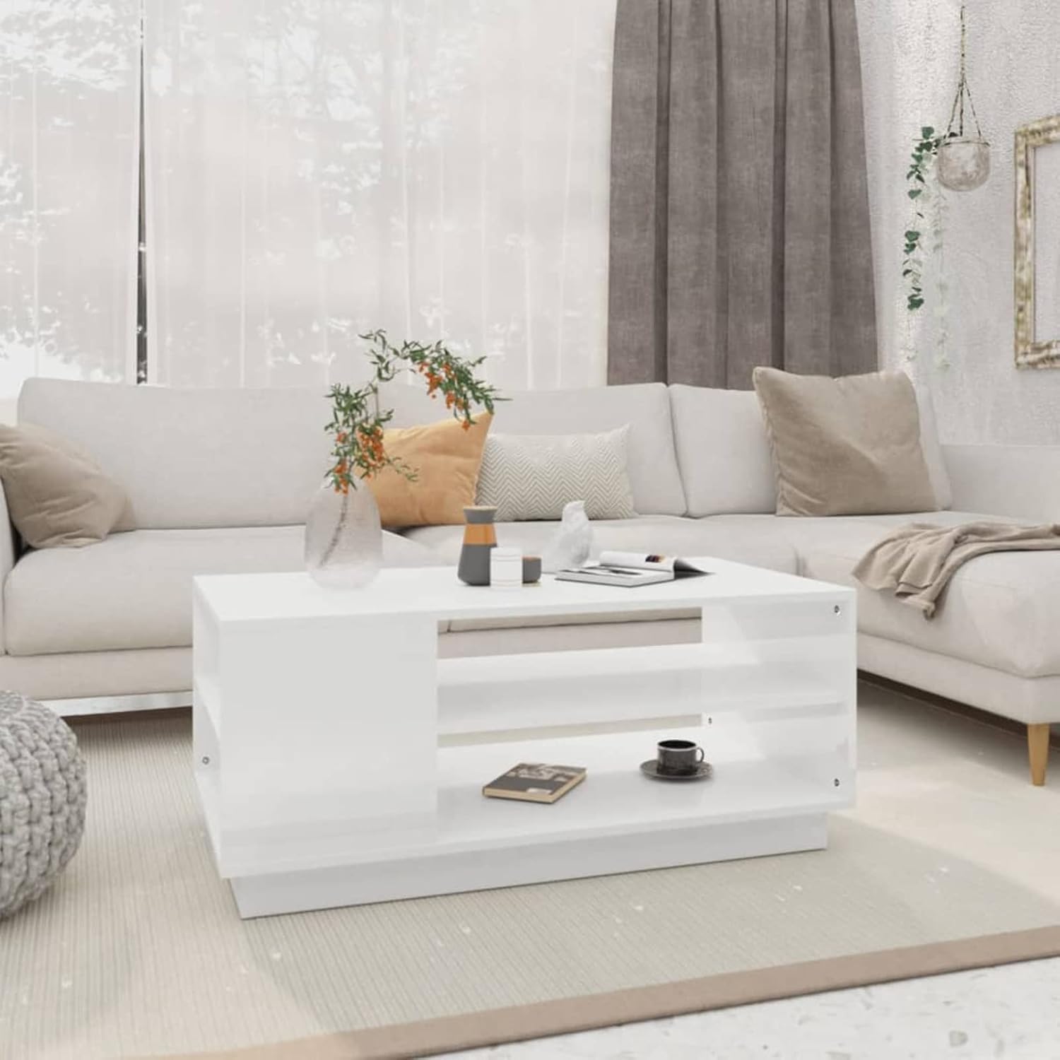 Table basse blanc brillant haut de gamme avec rangement en bois