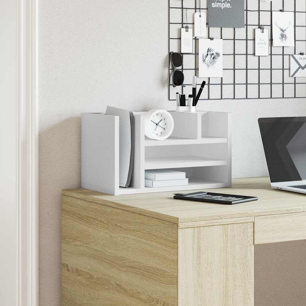 Organizer da scrivania bianco in legno 44,5 x 24 x 25 cm con 6 scomparti per documenti, registro, portapenne e portadocumenti in ufficio