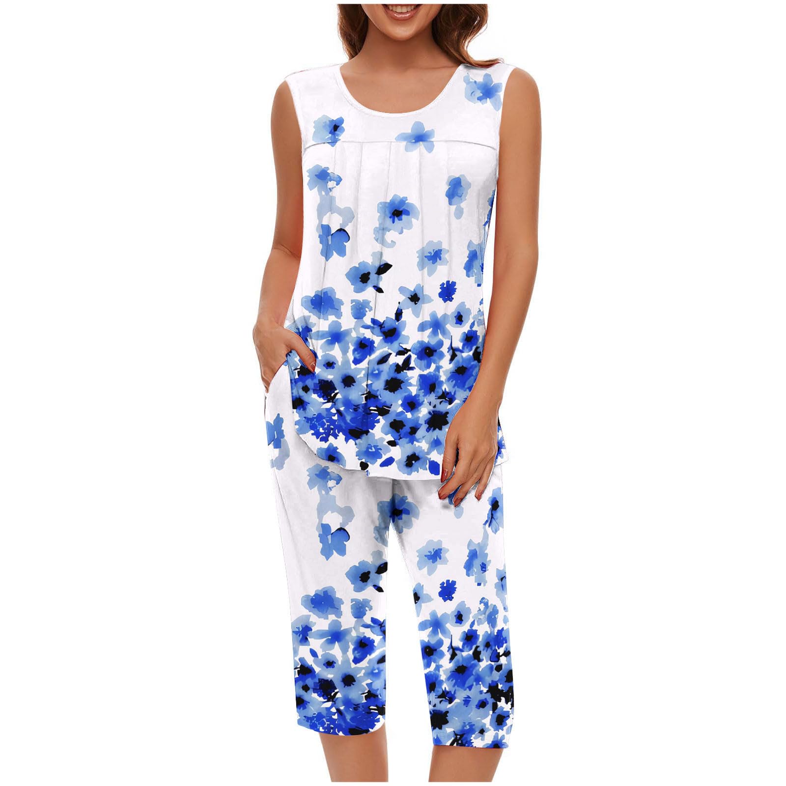Pajama Sets for Women Summer Plus Size Lounge Sleepwear Loose Sleeveless Tops Printed Bermuda Shorts with Pockets — view 17