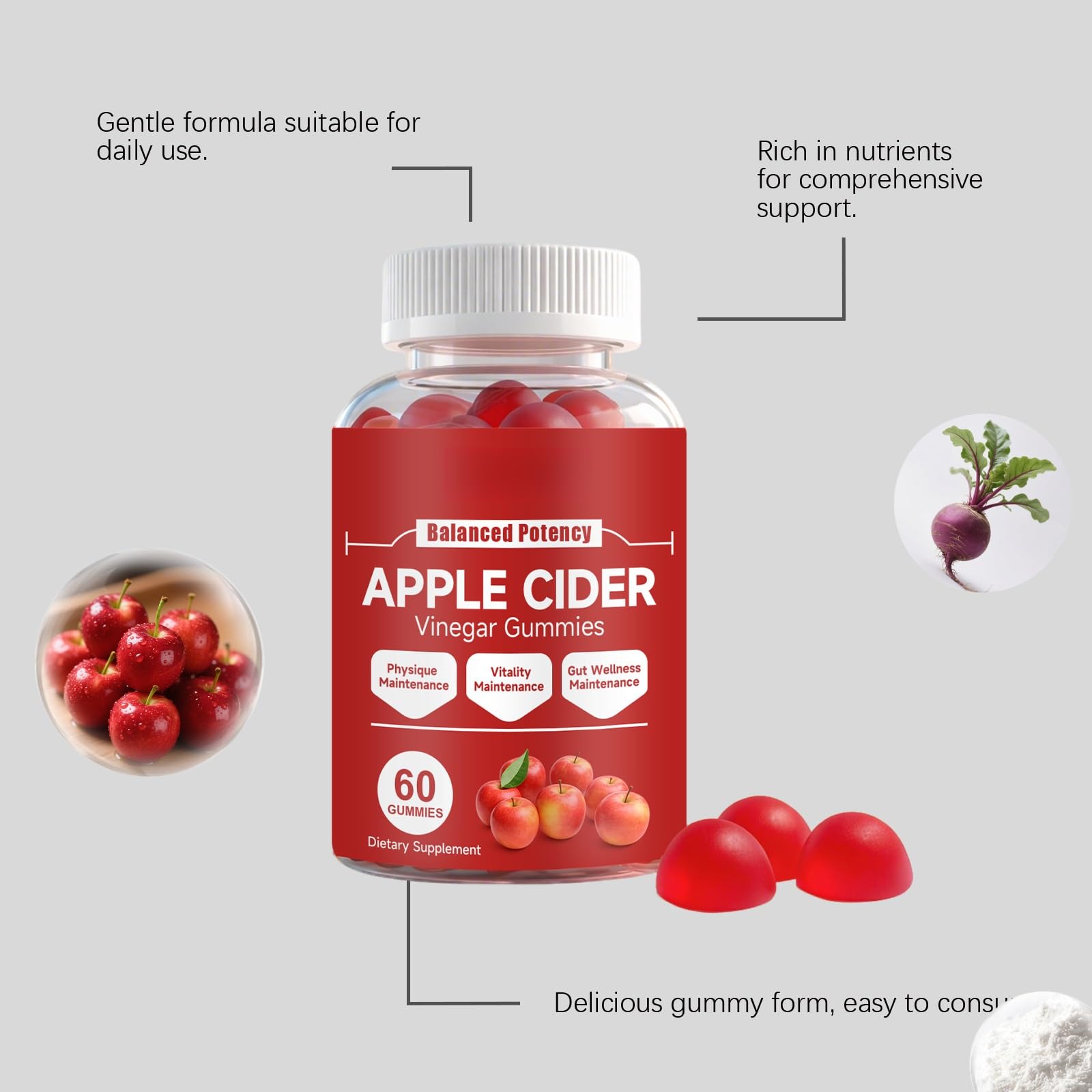 Gomitas De Vinagre Sidra Manzana For Control Del Apetito, Aumento Metabolismo, Alivio La Hinchazón Y Energía - Apoyo Digestivo Masticable, 60 Unidades(3PCS)