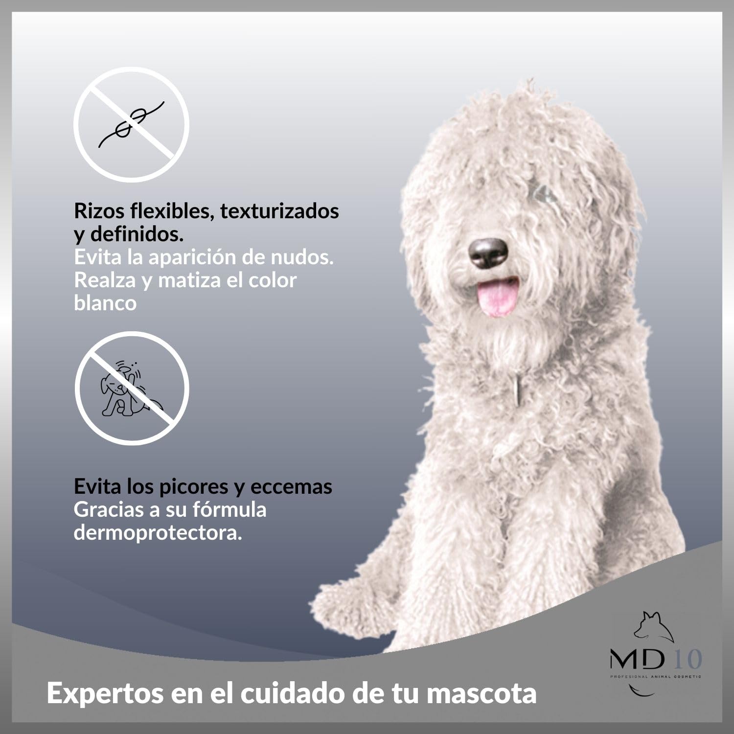 Pack Productos para Perros de Agua Pelo Blanco - Champú para Perros 750 ml, Acondicionador para Perros 300 ml, 2 Botellas Mezcladoras - Vegano y Biodegradable - Fabricado en España - MD-10 COLLECTION