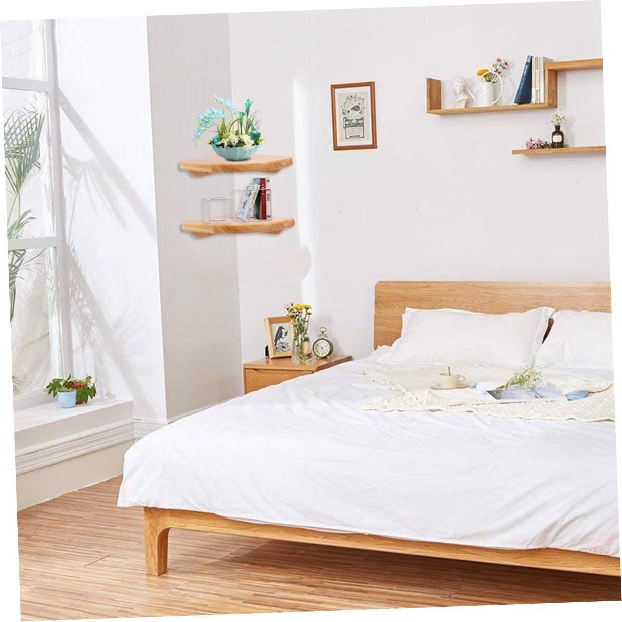 TOYANDONA Rubber Wood Floating Corner Shelf Wall-Mounted Bathroom Rack Decorative Storage for Shampoo Shower and Toilet Accessories Space-Saving Design for Spaces