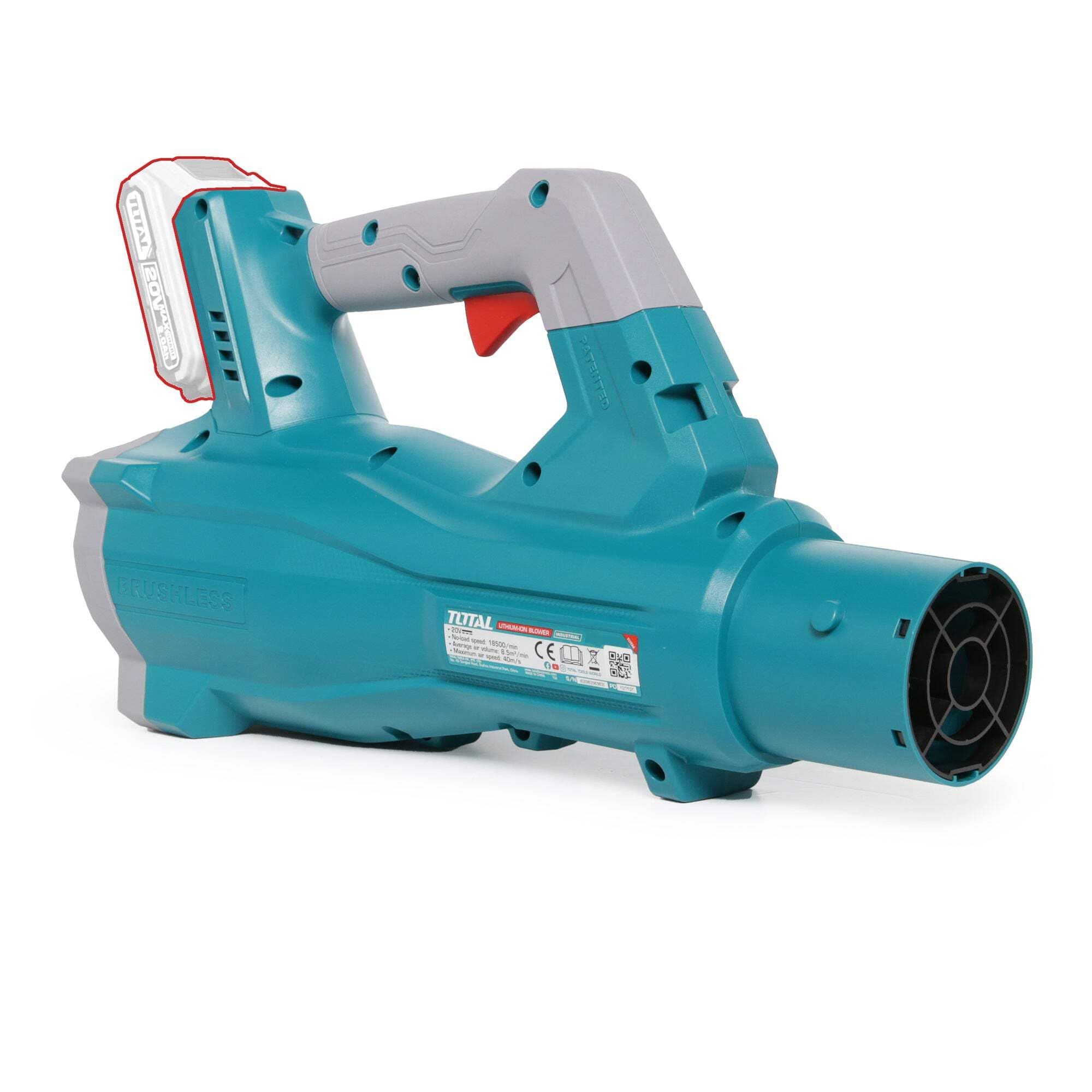 TOTAL - Soplador de Hojas Eléctrico - A Batería P20S de 20 V - Velocidad Máxima de 42 m/s - Herramienta para Jardinería - Portátil - Motor Brushless - No Incluye baterías ni Cargador.
