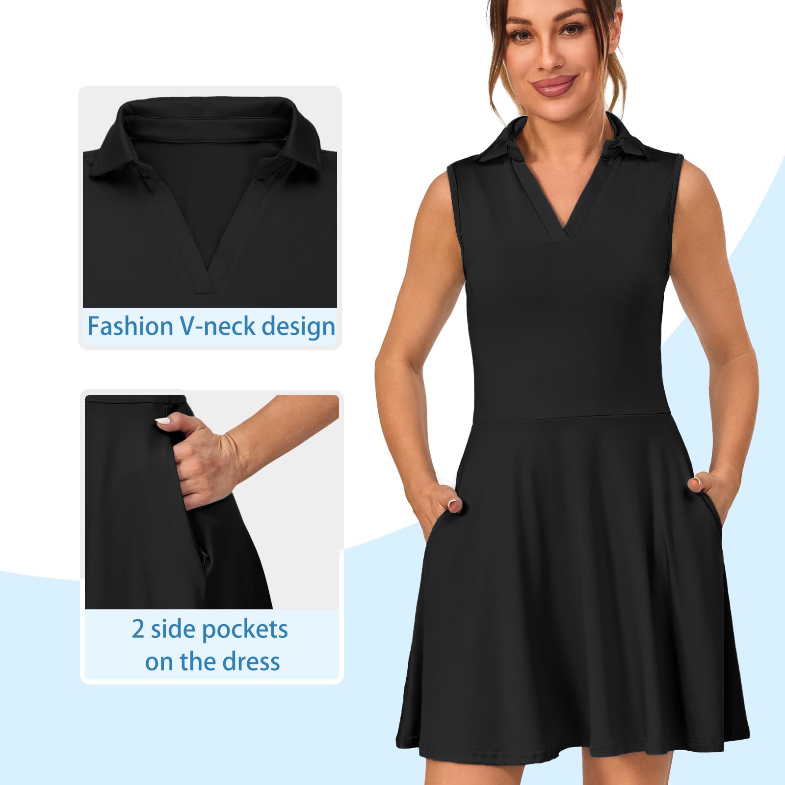 Vestido Tenis Mujer Deportivo con Pantalones Cortos Vestido Polo Bolsillos Golf sin Mangas Línea A Atléticos