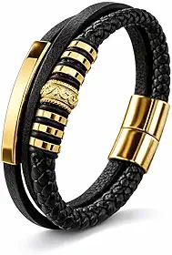 Pulseira Masculina Premium em Couro Preto com Trança Dupla e Fecho Magnético em Aço Inoxidável Ajustável – Estilo Moderno, Elegante e Atemporal para Uso Diário