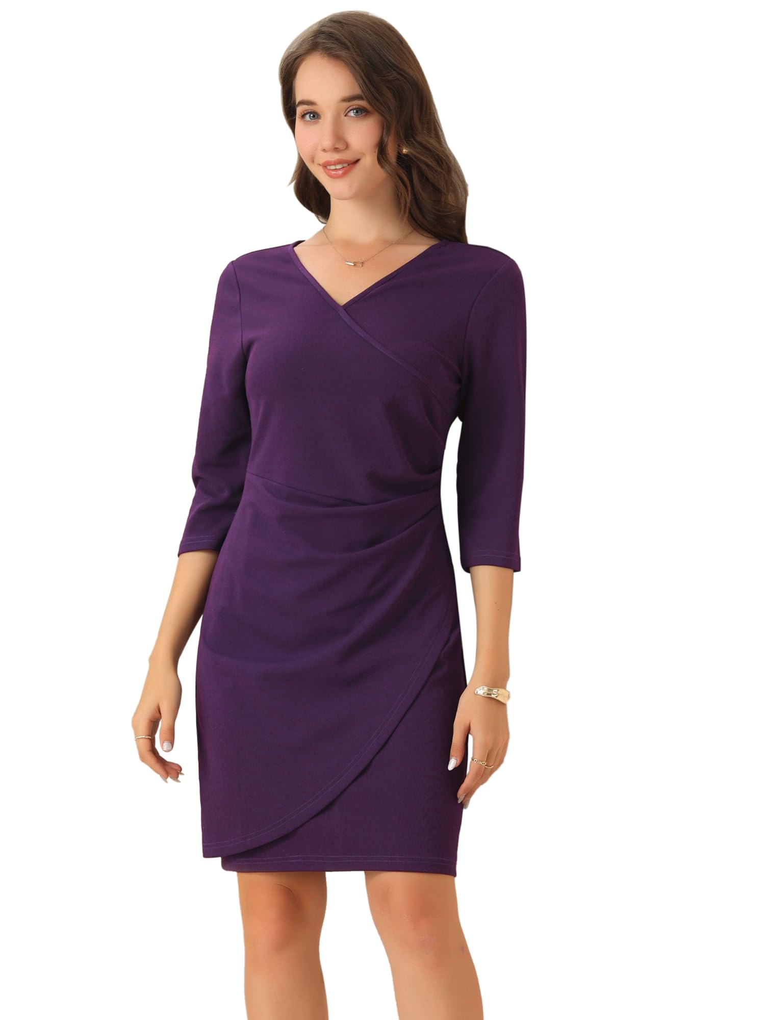 Allegra K Elegant Work Dress for Womens 3 4 Sleeve Faux Wrap V Neck Wedding Guest Sheath Dresses