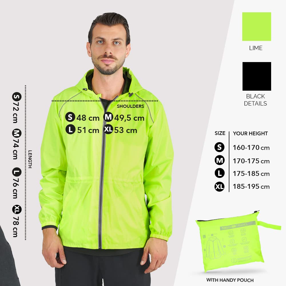 PERLETTI Chubasquero Hombre Cortaviento Ligero con Cremallera - Impermeable Hombre con Capucha Detalles Reflectantes - Chaqueta Trench Deporte Transpirable Waterproof Reutilizable Hombres