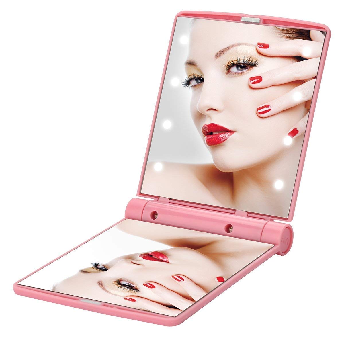 Mini Pocket Mirror,Portable LED Lighted Makeup Mirror with 8 Dimmable Led Lights,Touch Travel Makeup Mirror,2-Sided Handheld Fold Mirror, Folding Compact Mirror for Gift-image-3