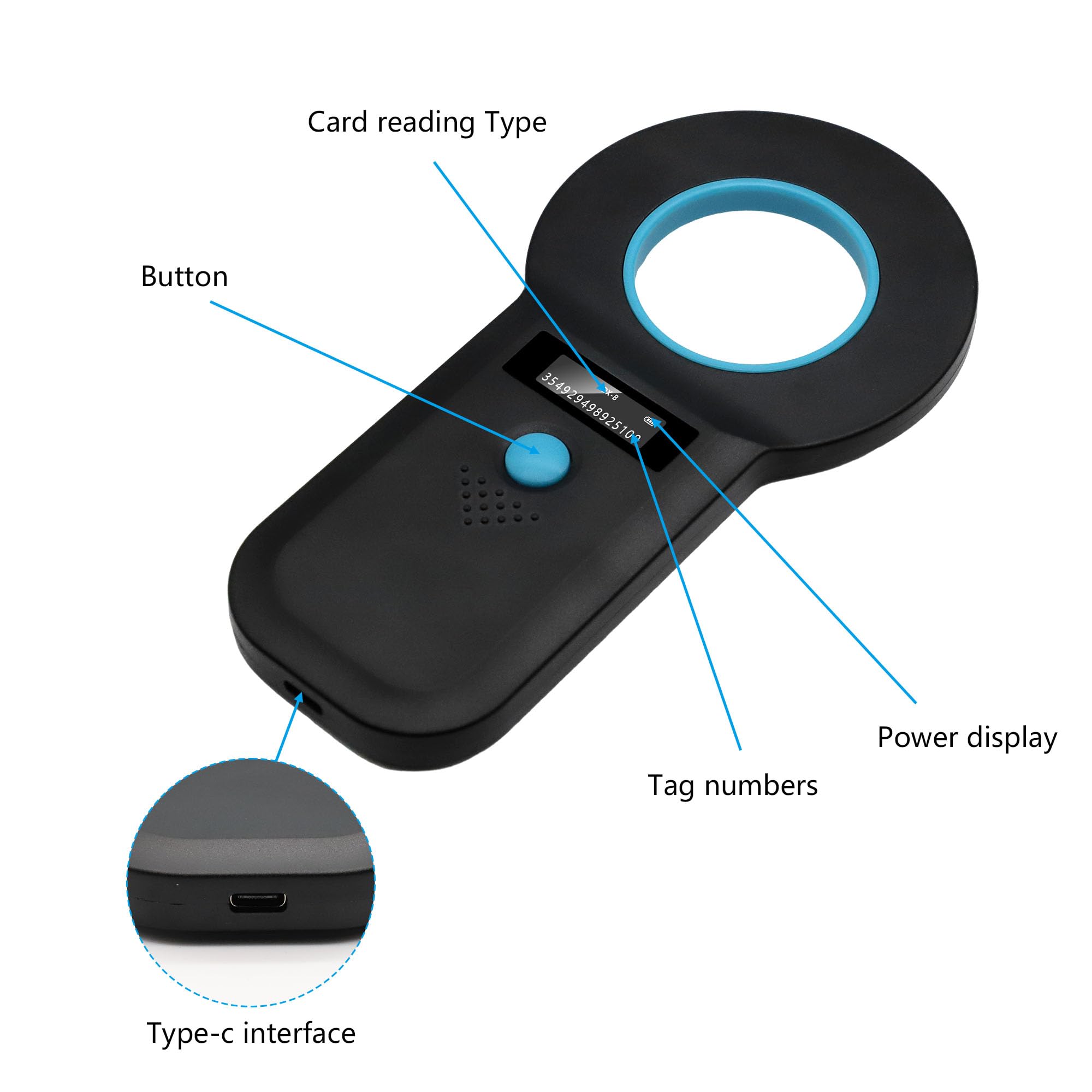 Gbformat Lettore Microchip Cani Bluetooth Lettore Microchip per Animali lettore di id per animali domestici EMID, FDX-B(ISO 11784/11785),Scanner Chip con Lettore RFID Portatile 128 Tag