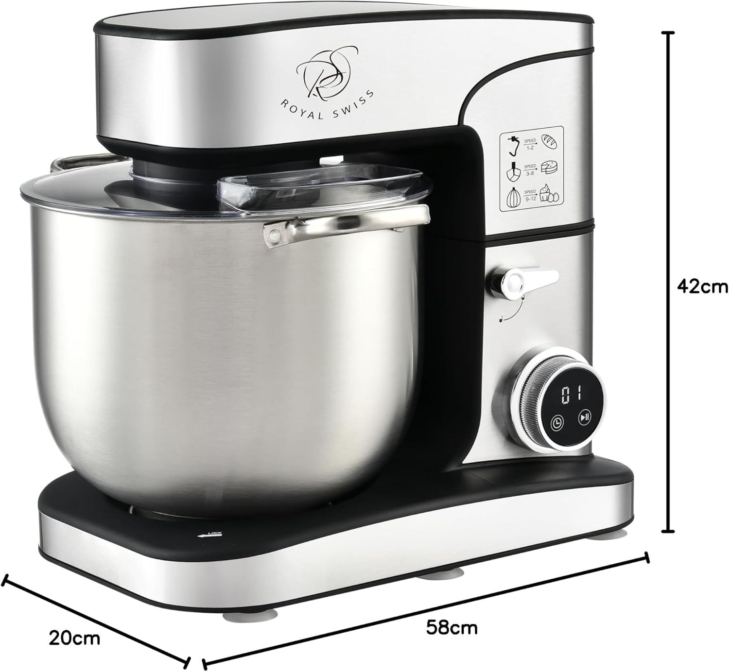 Royal Swiss SC-616DE Amasadora 16 L 2800 W, Robot de Cocina Profesional con Mezcla Planetaria, 12 Velocidades, Pantalla LED, Temporizador, Bol Inox, Gancho, Varillas, Batidor