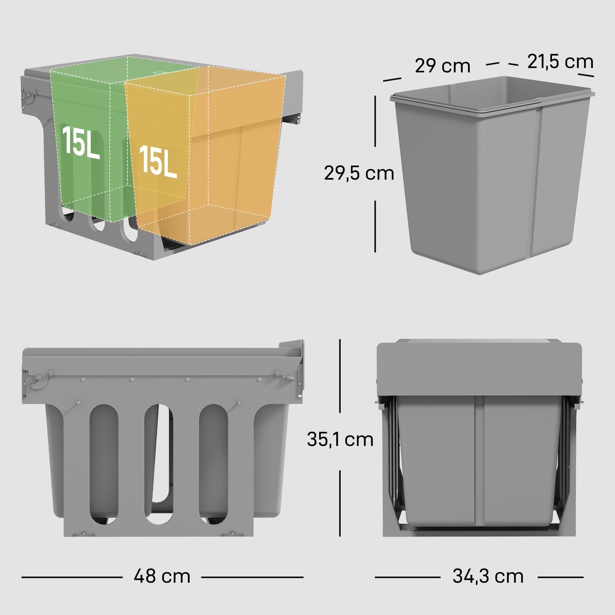 HOMCOM Cubo de Basura bajo Fregadero con 2 Cubos 30L (15Lx2) Gris Claro | Cubos de Basura, 2 Contenedores de Reciclaje Extraíbles, Fijación Inferior, para Reciclaje y Residuos
