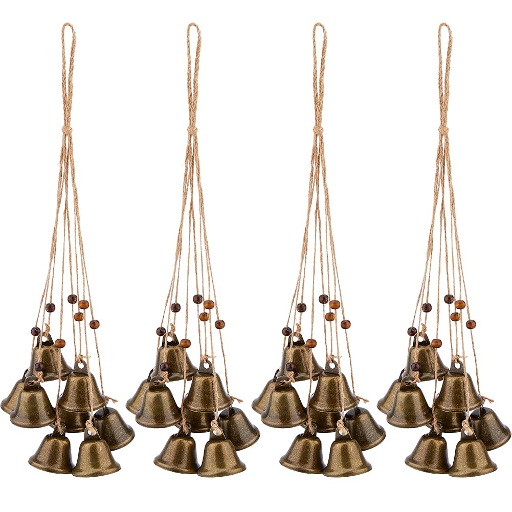 SUPERFINDINGS 4 Sets Vintage Bells with Jute Hanging Rope Witch Bells Protection Metallic Bell Wreath Handmade Hanging Magic Wind Chimes for Weddings Witchcraft Decor