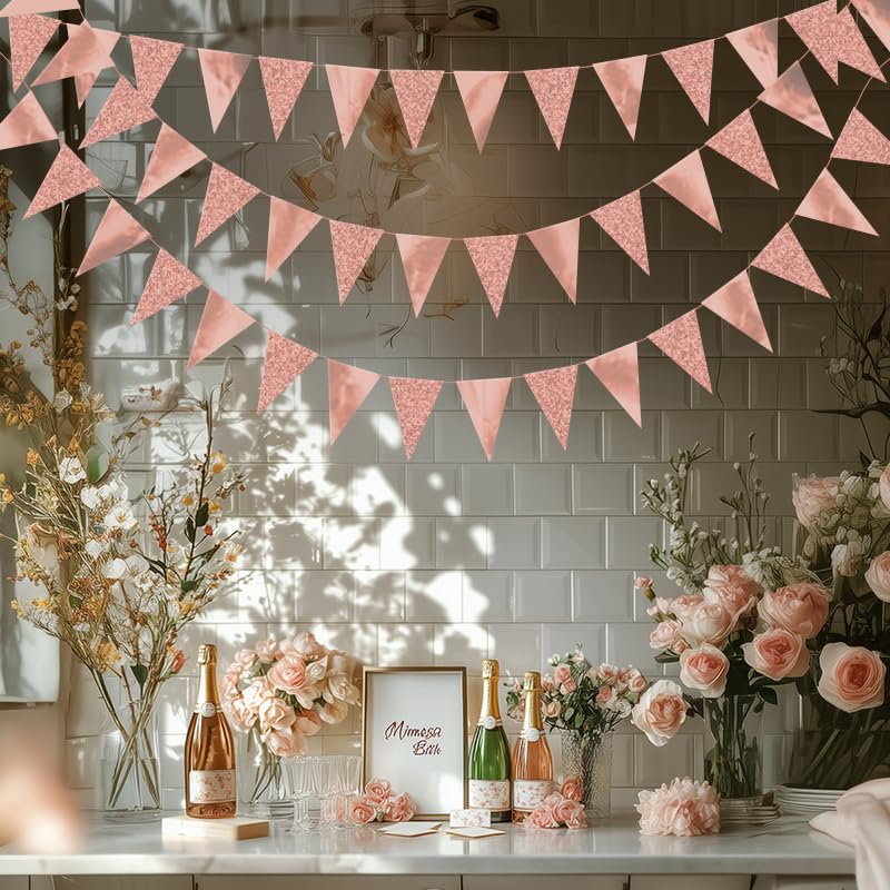 Image of Rose Gold Hanging Triangle Flag Pennant Garland Rose Gold Hanging Paper Pennant Streamer Paper Triangle Flag Bunting Banner for Graduation Wedding Engagement Birthday Party Decor 30 Feet