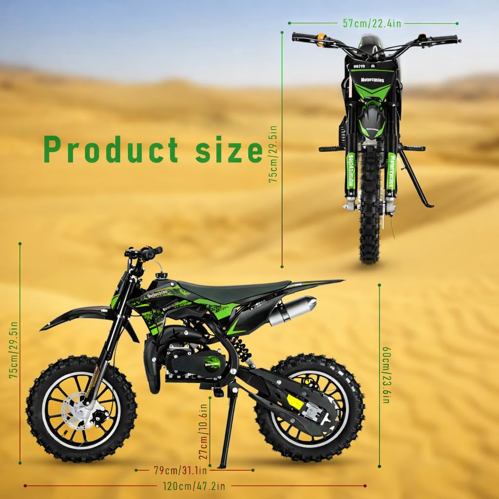 50cc 2-Stroke Kids Dirt Bike,Gas Powered Motorcycle for Kids with Off-Rode Tire, Front Rear Disc Brakes Motocross,Up to 25 Mph,Shock Absorption Pocket Motorbike (Green)