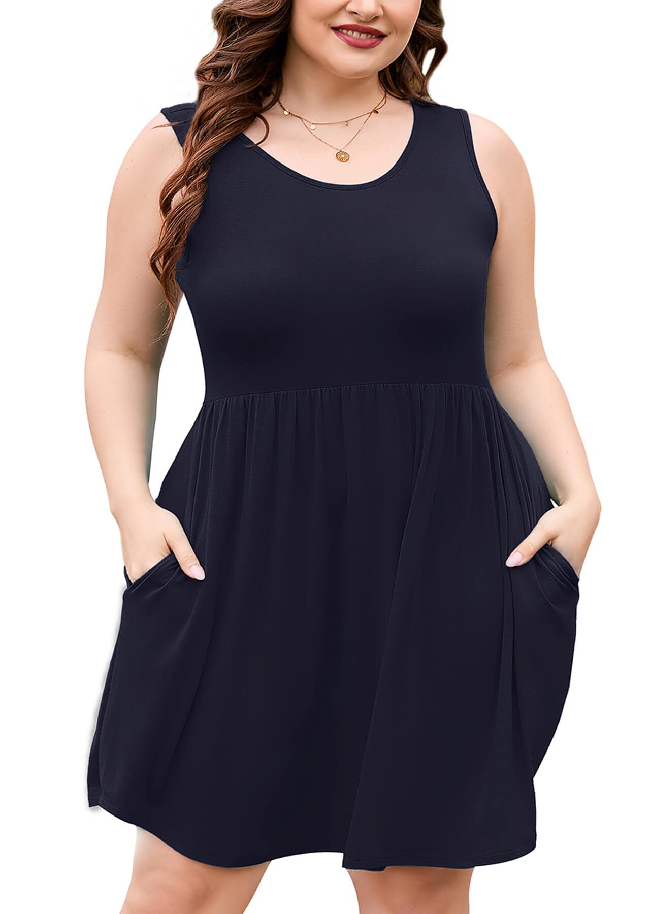 AusLook Plus Size Summer Tank Dress for Women Casual Sleeveless Crewneck Pleated Babydoll Swing Sundresses with Pockets 1X-5X