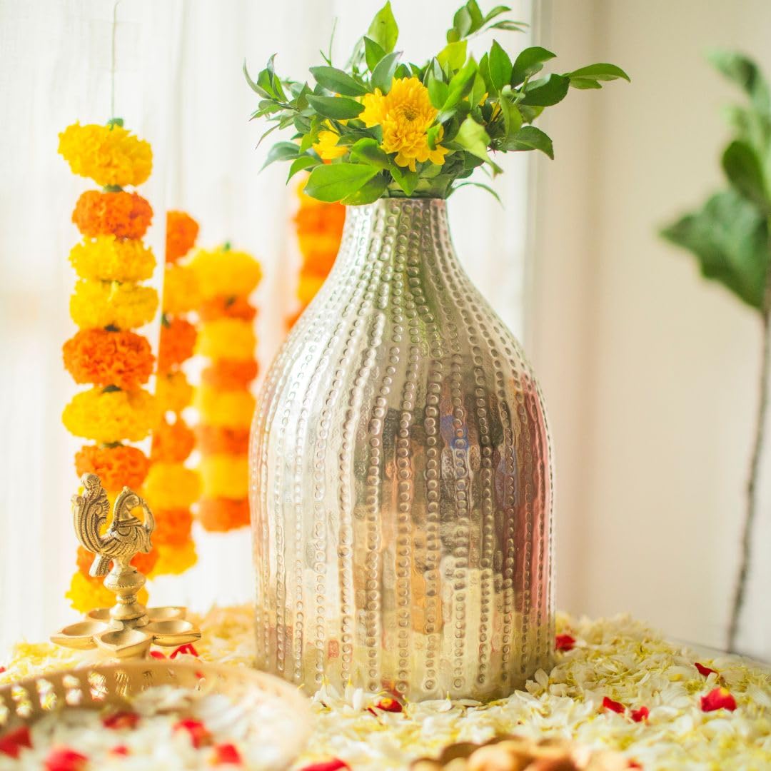 Hammered Silver Flower Vase for Living Room - Large Metal Flower Pot for Side Table, Office, Events, Gifting - Elegant Artificial Flower Vase for Home Decor