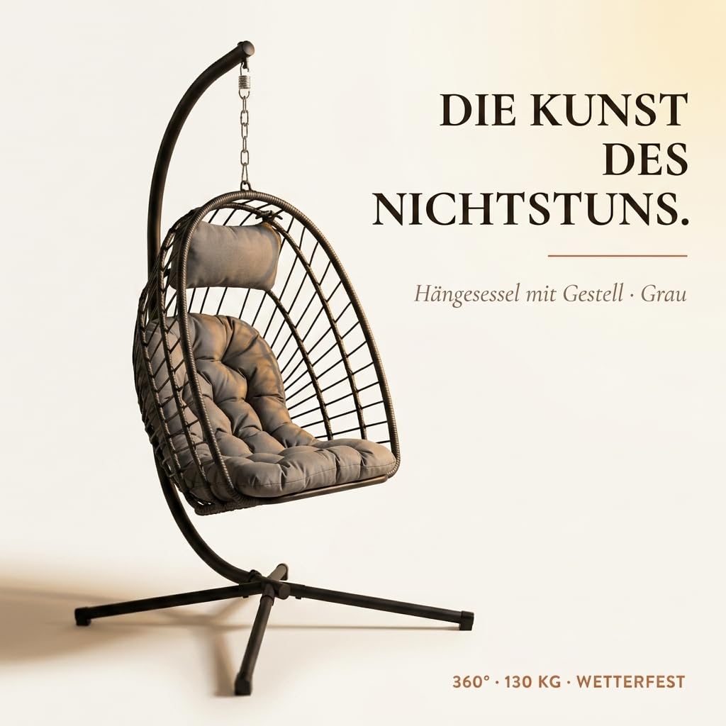 ONBEST Hängesessel mit Gestell – 360° Hängestuhl, Grau | Klappbarer Hängekorb mit Polster, Schutzhülle und 130 kg Belastbarkeit – für Garten, Balkon, Wohnzimmer, Outdoor & Indoor