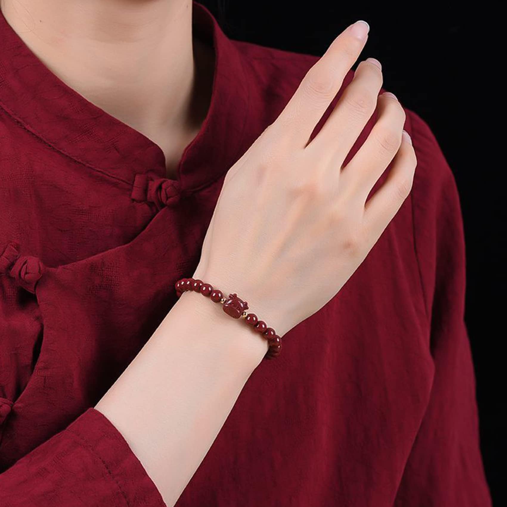 Natürliches Edelsteinarmband, kristall natürlicher hoher Zinnoberspiegel für glückliche -Tiere Charme Gleichgewicht Rot Armband Reichtum Amulett anziehen Geld Wohlstand Glück, Schwein